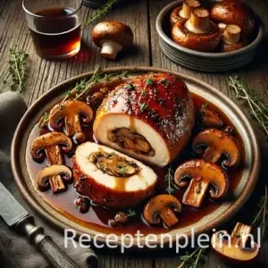 Gevulde kipfilet bockbier met paddenstoelen op rustieke houten tafel
