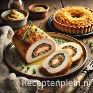 Gevulde kiprollade met zuurkooltaartje op rustieke houten tafel