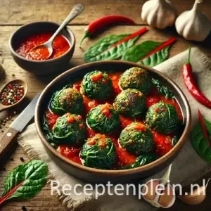 Gevulde snijbietballetjes recept met rijst en kruiden in een kruidige tomaten-pikante saus, geserveerd in een keramische schaal op een rustieke houten tafel met verse snijbiet, knoflook en rode peper in warm natuurlijk licht.