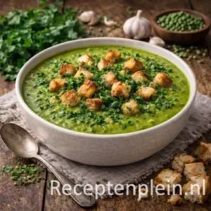 Groene erwtensoep met peterselie en krokante croûtons in een diepe kom, geserveerd op een rustieke houten tafel met verse doperwten, knoflook, broodkruimels, peterselie en een linnen doek bij warm natuurlijk licht.