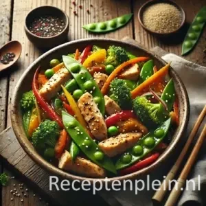 Groentemix met kip en verse groenten op rustieke houten tafel