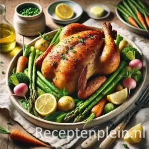 Haantje met lentekriebels met verse groenten op rustieke houten tafel