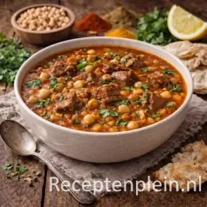 Kom rijke harira met mals lamsvlees, kikkererwten en verse kruiden in een tomatenbouillon, geserveerd op een rustieke houten tafel met specerijen, citroen, koriander, platbrood en een linnen doek bij warm natuurlijk licht.