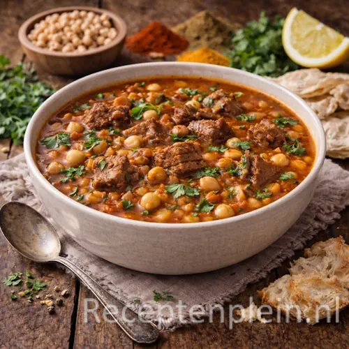 Kom rijke harira met mals lamsvlees, kikkererwten en verse kruiden in een tomatenbouillon, geserveerd op een rustieke houten tafel met specerijen, citroen, koriander, platbrood en een linnen doek bij warm natuurlijk licht.
