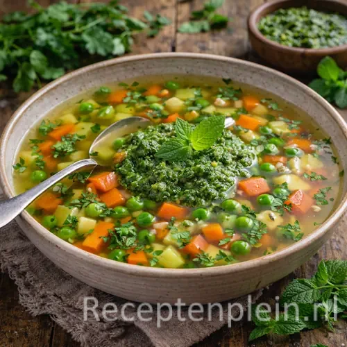 Heldere bouillon met koriander-muntpesto in een kom op een rustieke houten tafel, uitgezoomd met verse kruiden en groenten ernaast