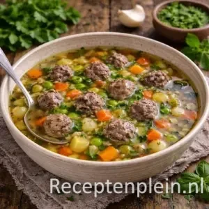 Heldere groentesoep met tartaarballetjes in een kom op een rustieke houten tafel, uitgezoomd met verse groenten en kruiden ernaast