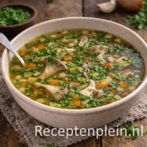 Heldere kervelsoep met oesterzwammen in een kom op een rustieke houten tafel, uitgezoomd met verse kervel, groenten en kruiden ernaast