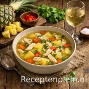Heldere kippensoep met ananas in een kom op een rustieke houten tafel, uitgezoomd met zichtbaar glas witte wijn en verse ingrediënten ernaast