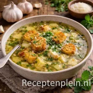 Heldere knoflooksoep met zachte smaak en diepte in een kom op een rustieke houten tafel, uitgezoomd met knoflookbollen, kruiden en croutons ernaast