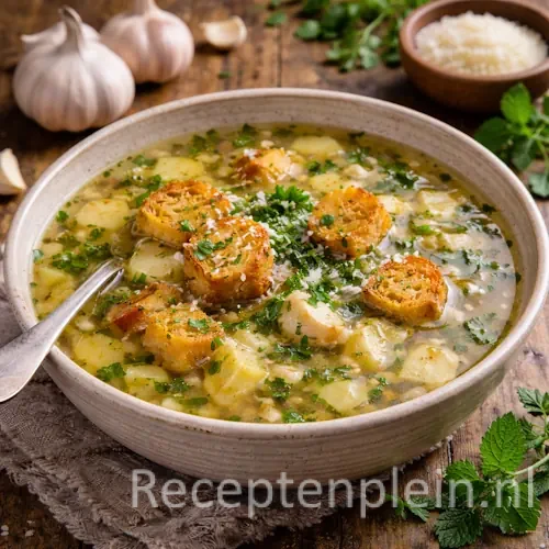 Heldere knoflooksoep met zachte smaak en diepte in een kom op een rustieke houten tafel, uitgezoomd met knoflookbollen, kruiden en croutons ernaast