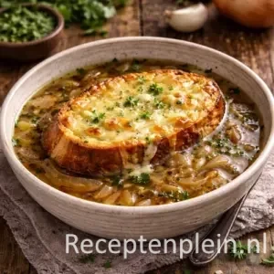 Heldere uiensoep met gegratineerd brood in een kom op een rustieke houten tafel, uitgezoomd met uien en verse kruiden ernaast