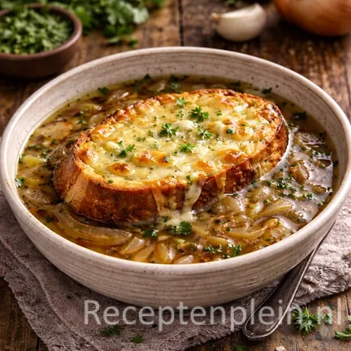 Heldere uiensoep met gegratineerd brood in een kom op een rustieke houten tafel, uitgezoomd met uien en verse kruiden ernaast
