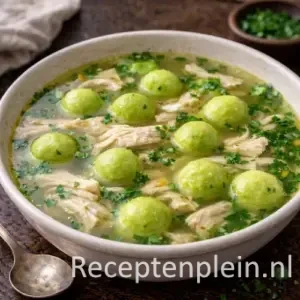 Heldere kippensoep met avocadoballetjes in een kom