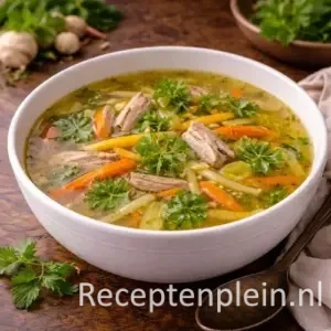 Een kristalheldere goudkleurige vloeistof in een kom voor het recept Geraffineerde Fazantenbouillon maken.