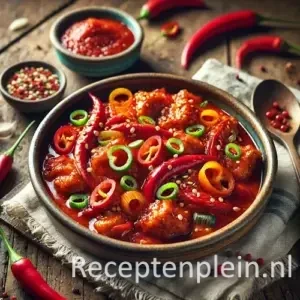 Hete kip met sambal en paprika in pittige saus op houten tafel