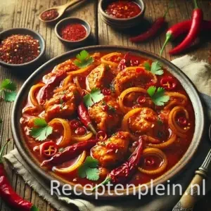 Hete kip met chili en ui in pittige saus op houten tafel