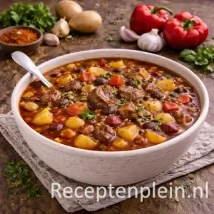 Oostenrijkse goulashsoep met rundvlees en aardappel in een kom op een rustieke houten tafel, verder uitgezoomd met paprika, aardappelen en verse kruiden ernaast