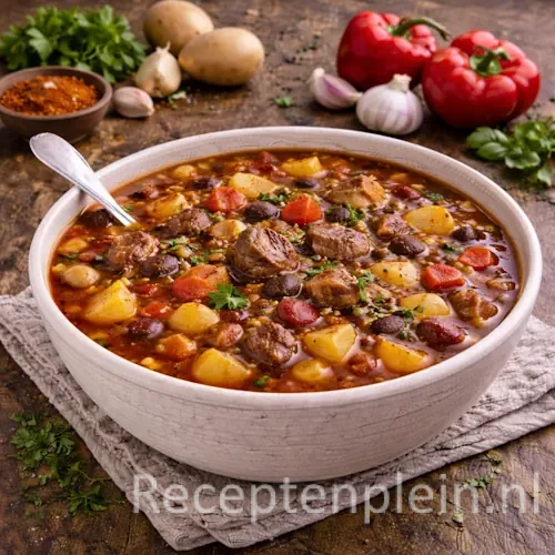 Oostenrijkse goulashsoep met rundvlees en aardappel in een kom op een rustieke houten tafel, verder uitgezoomd met paprika, aardappelen en verse kruiden ernaast