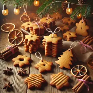 Rustieke kerstsetting met honingkoekjes in de vorm van sterren en harten, versierd met lintjes en omringd door dennennaalden, sinaasappelschijfjes en warme sfeerverlichting.