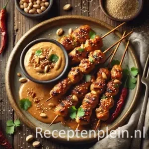 Hot chickenstick met pinda kokossaus op rustieke houten tafel