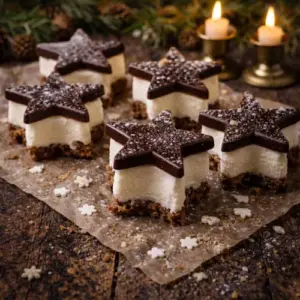 Bevroren kerststerren van roomijs tussen een kruimelige koekbodem en een glanzende donkere chocoladester, geserveerd op bakpapier met kerstdecoratie en sfeervolle kaarsen.