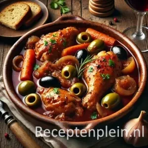 In Bulgaarse wijn gestoofde kip met olijven op rustieke houten tafel
