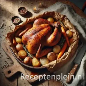 In de braadzak gebraden kip op rustieke houten tafel