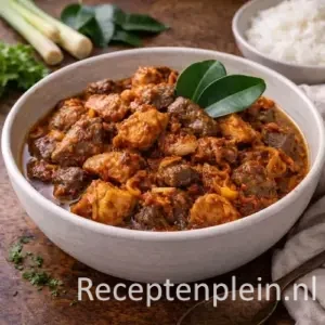 Een wadjan met malse stukjes kippenlevertjes in een dieprode pittige saus tijdens het Sambal goreng ati ajam maken.