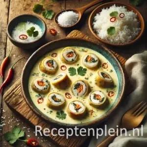 Indonesische mini-rollades met kip en kokosmelk op rustieke houten tafel