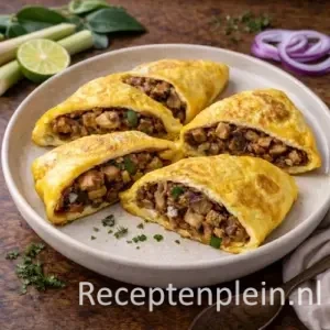 Een goudbruin gebakken omelet gevuld met een donker kruidig levermengsel voor het recept Kruidige Leveromelet maken.