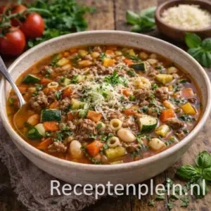 Italiaanse minestronesoep met gehakt en groenten in een kom op een rustieke houten tafel, uitgezoomd met tomaten, Parmezaan en verse basilicum ernaast