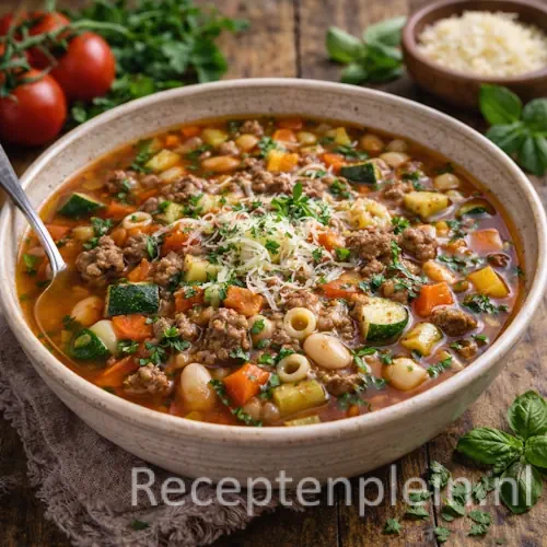 Italiaanse minestronesoep met gehakt en groenten in een kom op een rustieke houten tafel, uitgezoomd met tomaten, Parmezaan en verse basilicum ernaast