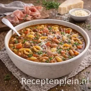 Italiaanse pasta bonensoep met prosciutto, bonen en Parmezaanse kaas in een diepe kom