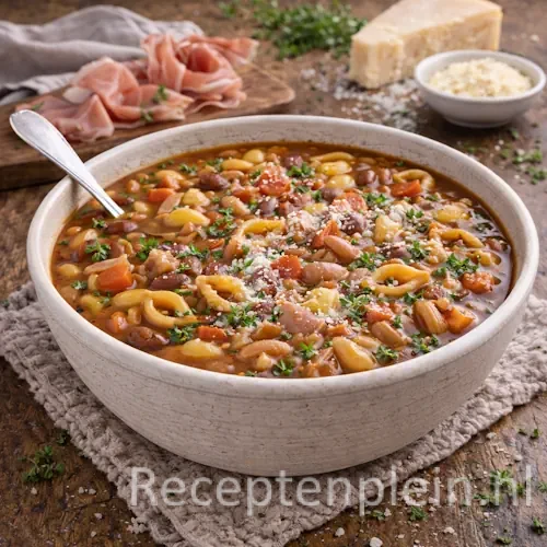 Italiaanse pasta bonensoep met prosciutto, bonen en Parmezaanse kaas in een diepe kom