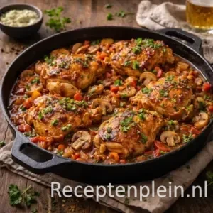 Jagerskip met kip en champignons in saus op rustieke houten tafel