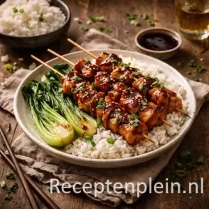 Jambalaya met kip, worst en rijst in pan op rustieke houten tafel