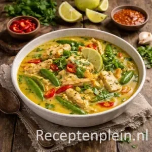 Javaanse kerriesoep met kip en kokos in een kom op een rustieke houten tafel, uitgezoomd met verse kruiden, chilipepers en limoen ernaast
