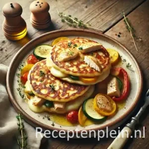 Kaaspannekoeken met Provençaalse kip en groenten op rustieke houten tafel