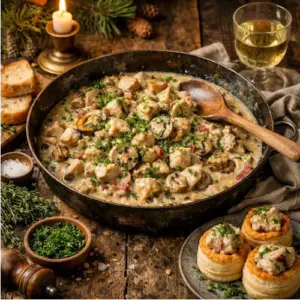 Romige kalkoenragout met champignons en spek geserveerd in een gietijzeren pan op een rustieke houten tafel, omringd door verse kruiden, brood en feestelijke decoratie.