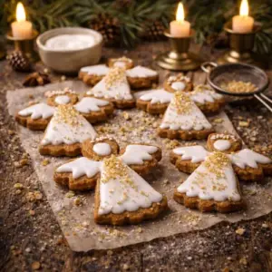 Engelvormige kaneelkoekjes versierd met witte icing en gouden suiker, gepresenteerd op bakpapier met kerstdecoratie op een houten tafel.