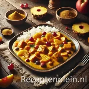 Kerriekip met fruit op rustieke houten tafel