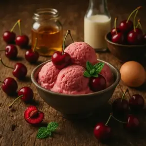 Romige bolletjes kersenmousse-ijs in een aardewerken kom, omringd door verse kersen en ingrediënten op een sfeervol verlichte houten tafel.