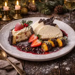 Luxe grand dessert met chipolatacake, vanille-ijs en chocolade-kumquats, geserveerd op een bord met aardbeien, bessensaus en poedersuiker in een warme kerstsetting.