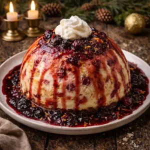 Feestelijke kerstbombe met cake, room en vruchten, overgoten met bosvruchtensaus en gegarneerd met een toef slagroom en poedersuiker op een rustieke houten tafel.