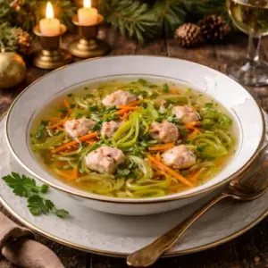 Heldere bouillon met stukjes gerookte forel, fijne reepjes wortel en prei, geserveerd in een wit-gouden kom op een rustiek houten tafel met kerstdecoratie en kaarslicht.