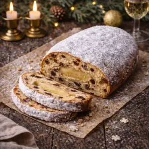 Traditioneel kerstbrood gevuld met een rol amandelspijs, omringd door rozijnen en oranjesnippers, bestoven met poedersuiker en feestelijk gepresenteerd op een houten ondergrond.