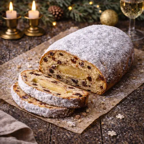 Traditioneel kerstbrood gevuld met een rol amandelspijs, omringd door rozijnen en oranjesnippers, bestoven met poedersuiker en feestelijk gepresenteerd op een houten ondergrond.