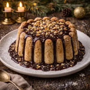 Feestelijke charlotte van kanelly’s en luchtige vulling, overgoten met warme chocoladesaus en bestrooid met geroosterde amandelen, geserveerd op een witte schaal met kerstdecoratie.