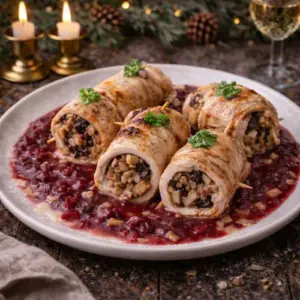 Gevulde kalkoenrollades op cranberrysaus, gegarneerd met peterselie, geserveerd op een witte schaal in een sfeervolle kerstsetting met dennen en kaarslicht.