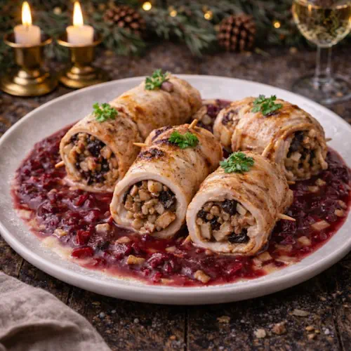 Gevulde kalkoenrollades op cranberrysaus, gegarneerd met peterselie, geserveerd op een witte schaal in een sfeervolle kerstsetting met dennen en kaarslicht.